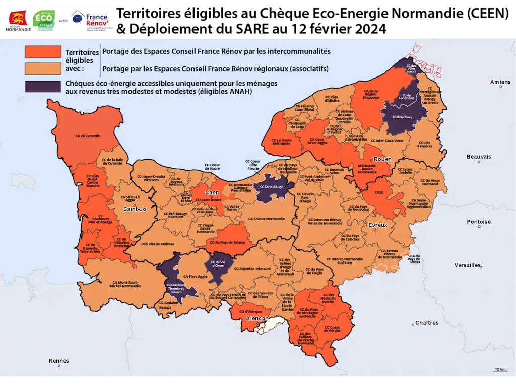 Carte des territoires éligibles au chèque éco énergie Normandie pour l'audit énergétique